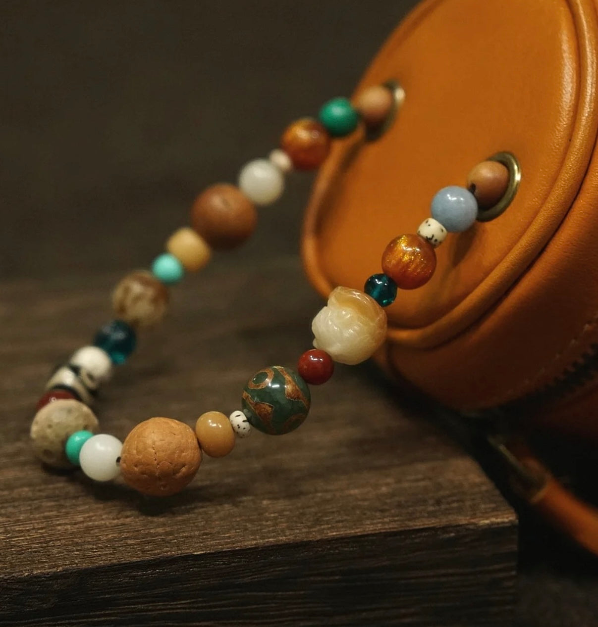 Dakini Leather Travel Jewelry Bag with Multi Gemstone & Bodhi Chain