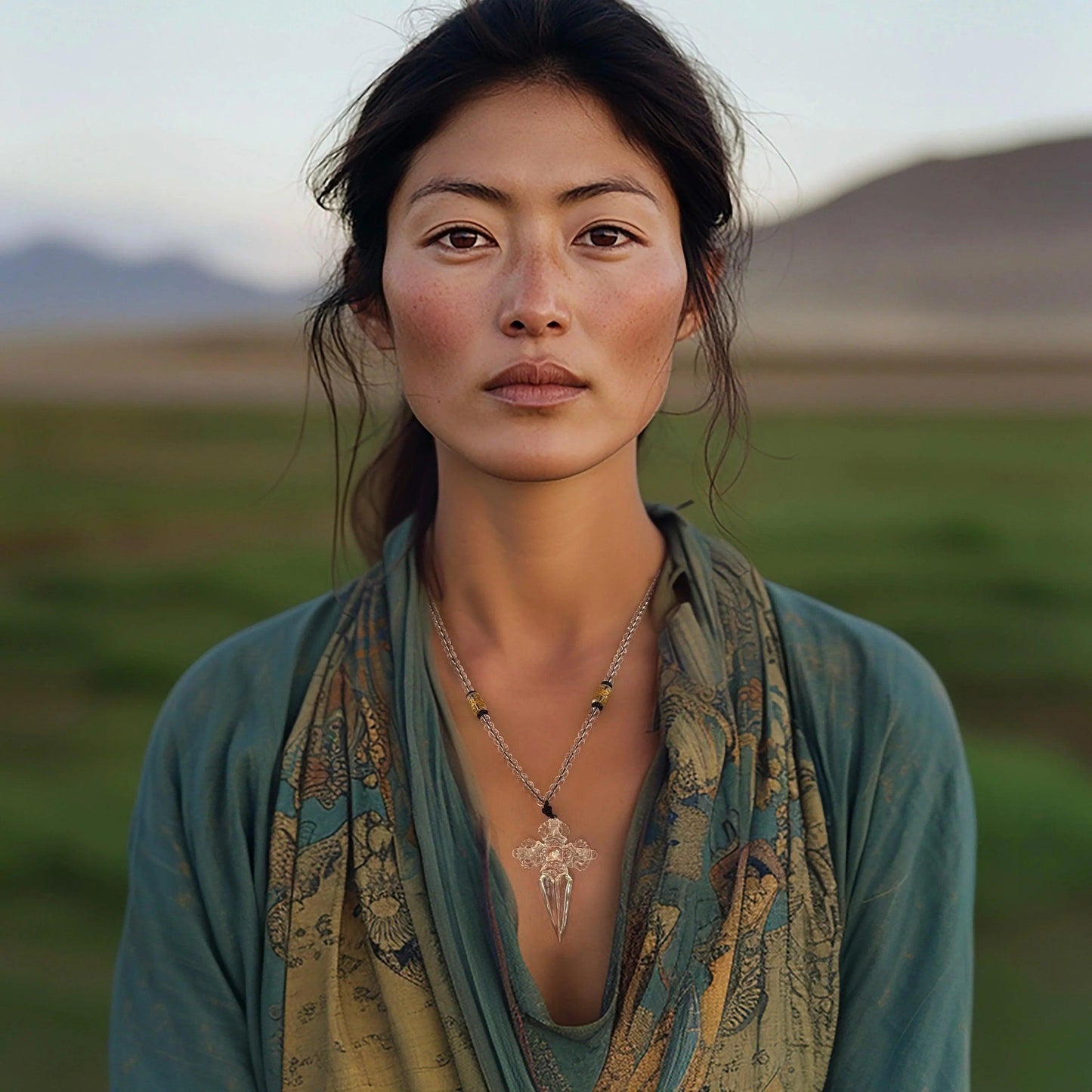 Woman wearing crystal double vajra dorje phurba necklace with green and patterned shawl outdoors
