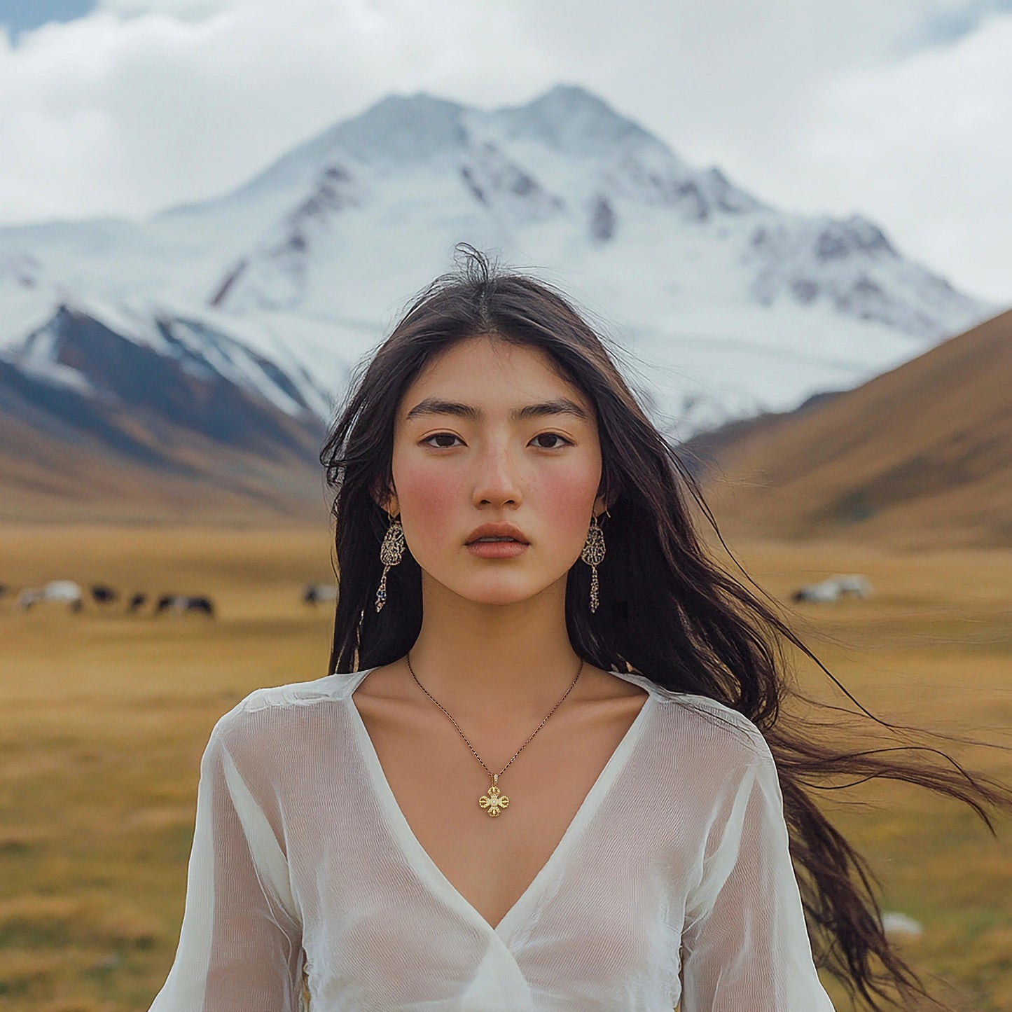 Portrait of a woman in sheer white top and gold jewelry with snowy mountain and grazing horses background
