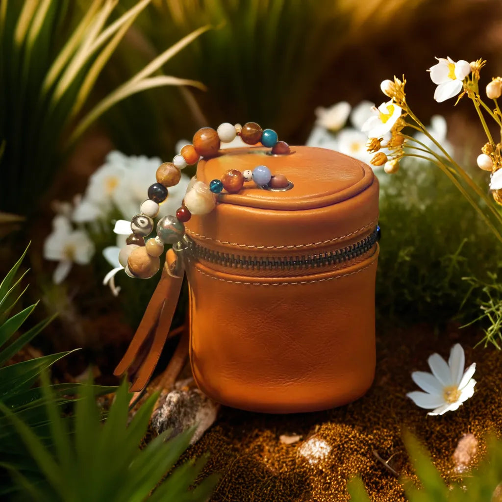 Dakini Leather Travel Jewelry Bag with Multi Gemstone & Bodhi Chain