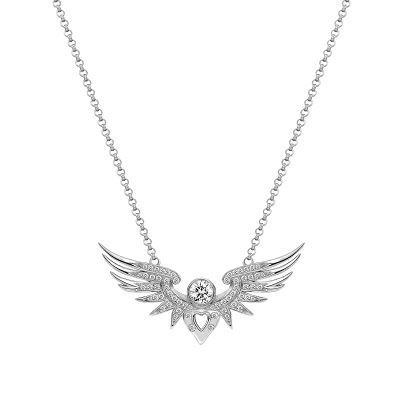 Silver angel wing necklace with sparkling crystals and heart detail on a silver chain
