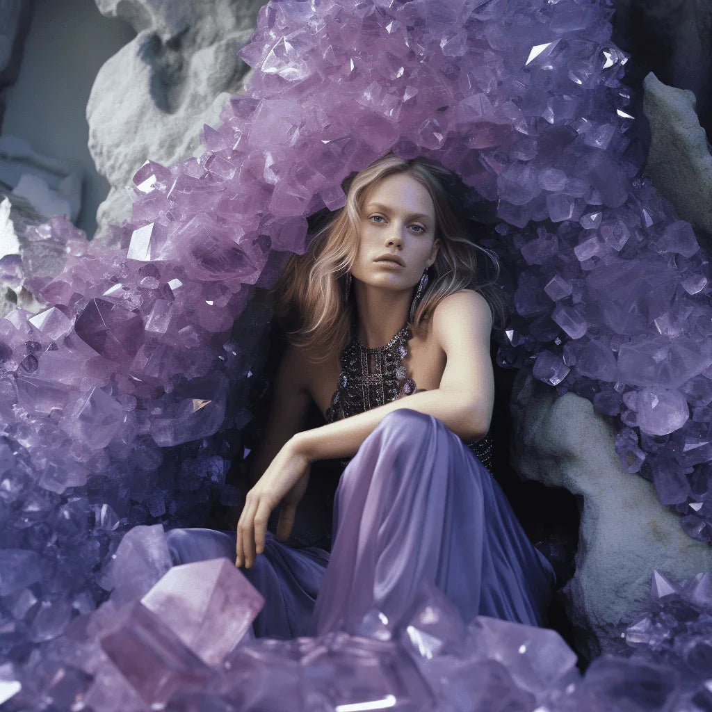 Woman in lavender dress and beaded necklace sitting inside large amethyst crystal cave