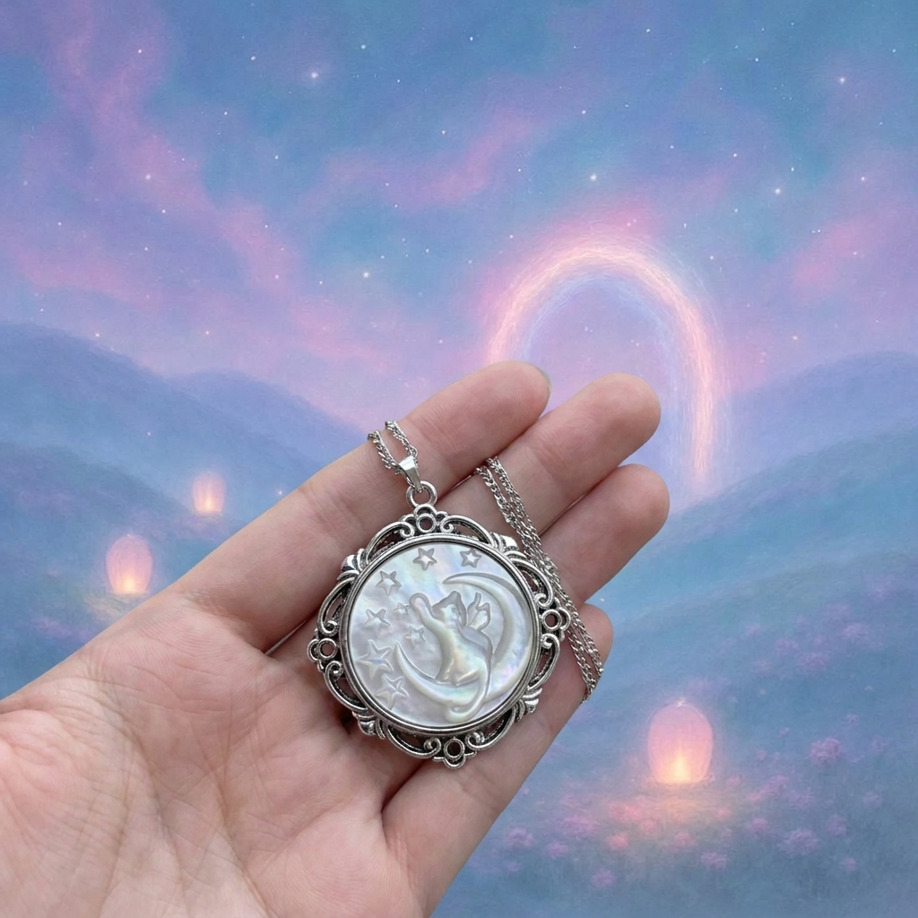 Starry Cat Mother-of-Pearl Cameo Necklace