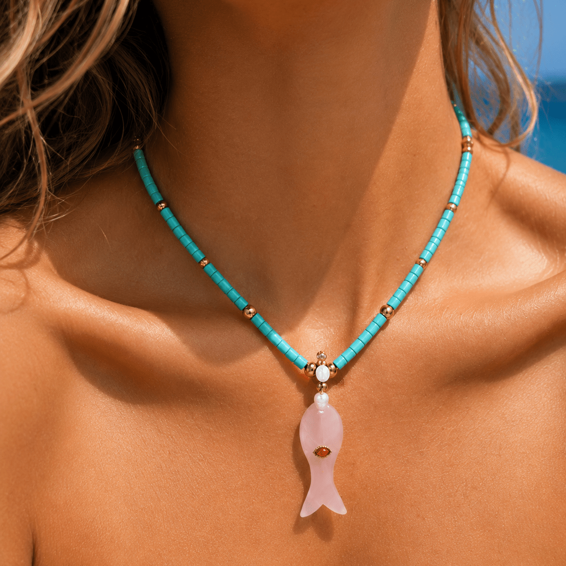 Love Fish Turquoise & Rose Quartz Beaded Necklace - ORMIRO