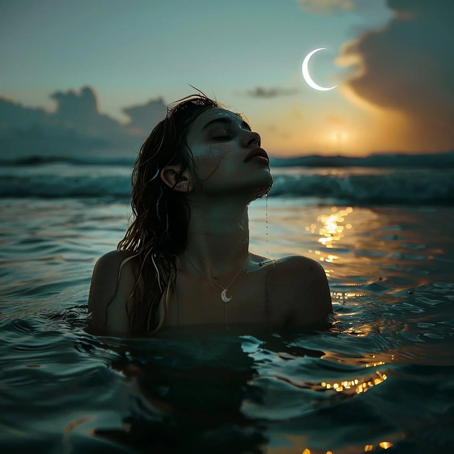 Woman in ocean water at sunset wearing crescent moon lariat necklace with glowing crescent moon in sky