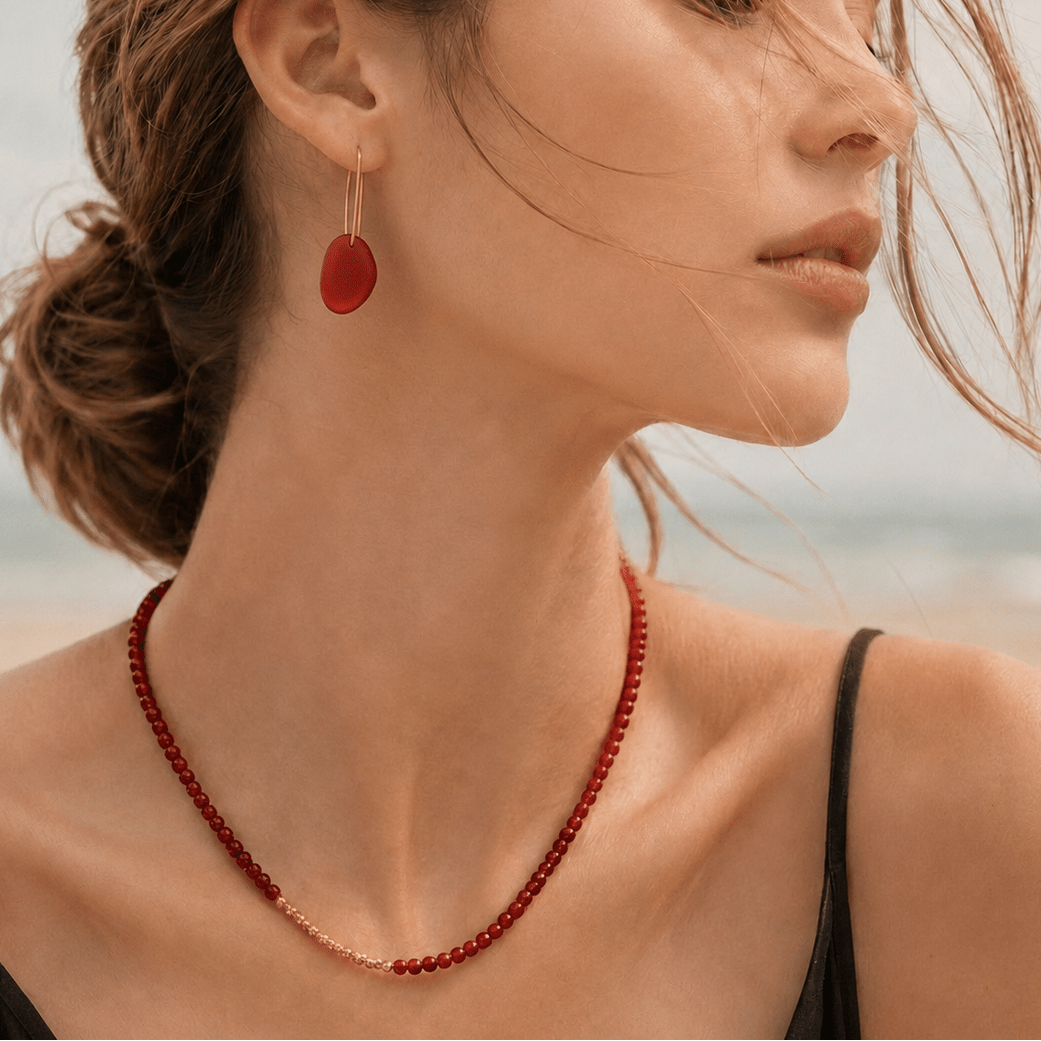 Navajo Red Agate Gold Vermeil Earrings & Necklace Jewelry Set - ORMIRO