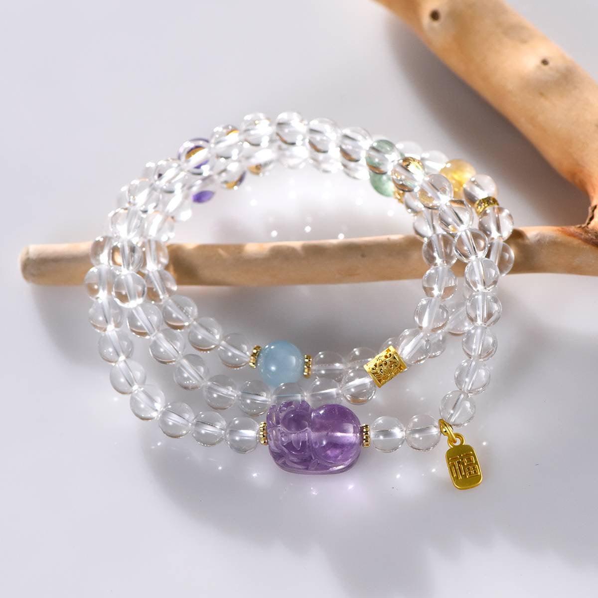 Pixiu Clear Quartz, Amethyst & Aquamarine Wrap Bracelet - ORMIRO