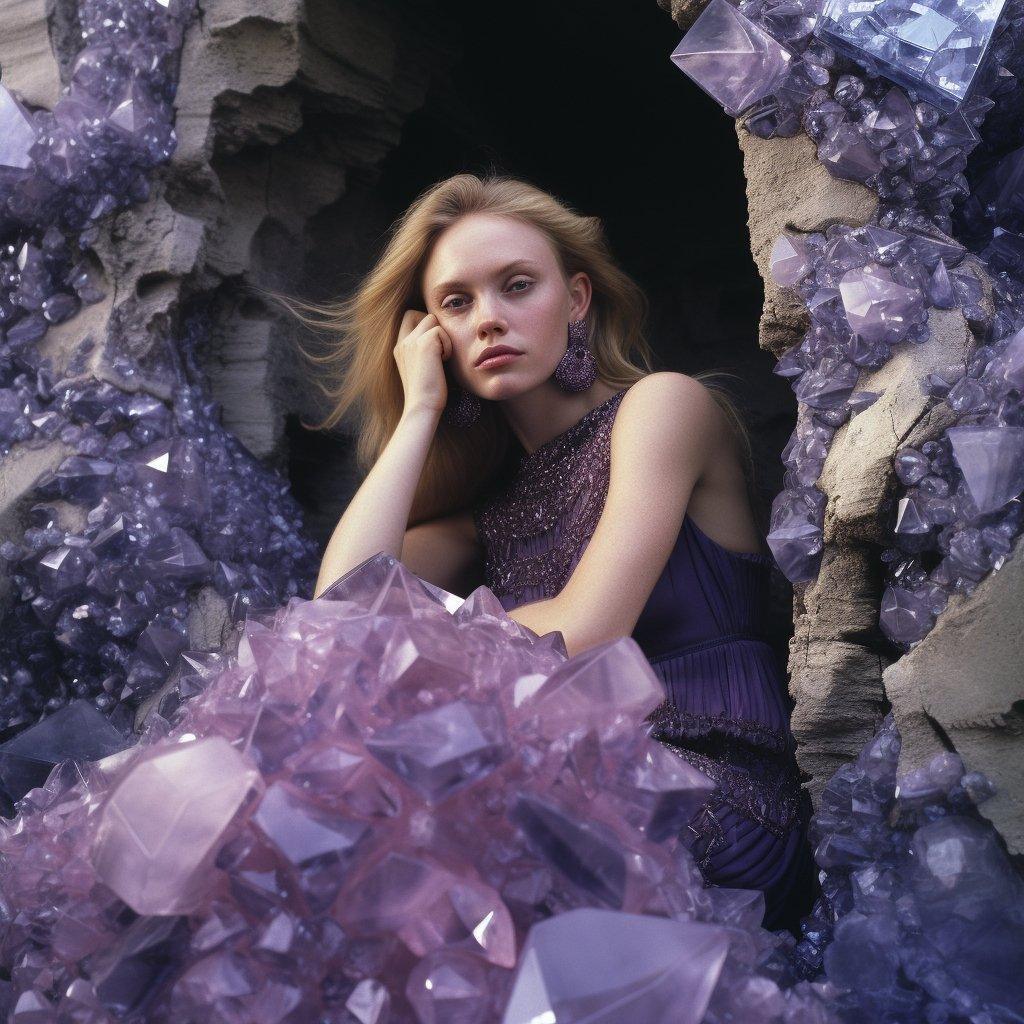 Blonde woman in purple dress and earrings sitting among large amethyst crystals in a cave-like setting