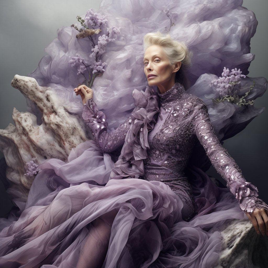 Elegant older woman in sequined purple gown with ruffled tulle sitting on large coral-like sculpture, holding purple flowers