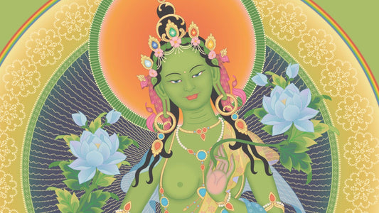 Detailed illustration of Green Tara, a Buddhist goddess with green skin, floral jewelry, and lotus flowers