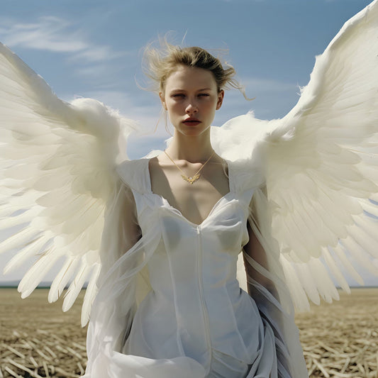 Young woman with large white angel wings and white dress standing in open field under blue sky