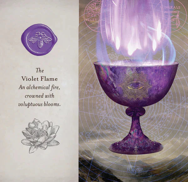 Purple chalice with an eye symbol emitting a violet flame, alongside text describing the Violet Flame as an alchemical fire