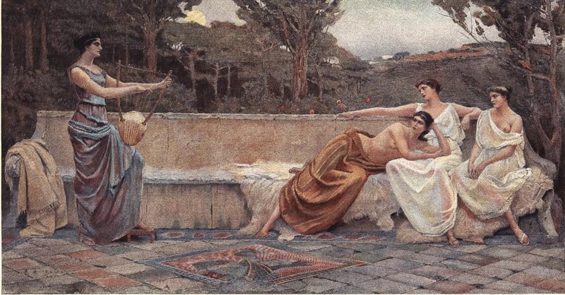 Classical painting of four women in ancient attire on a stone terrace with trees in the background
