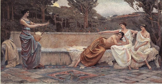 Classical painting of four women in ancient attire on a stone terrace with trees in the background