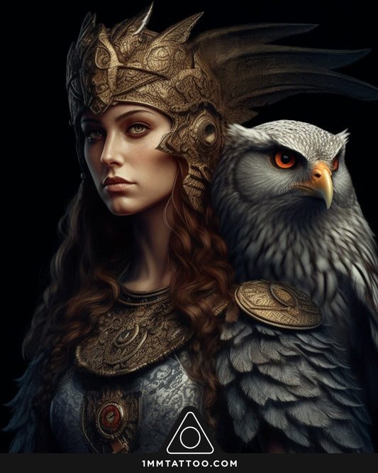 Portrait of a warrior woman in ornate golden helmet and armor with a fierce owl on her shoulder