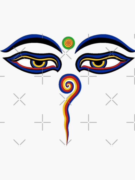 Colorful stylized Buddha eyes with blue eyebrows, yellow pupils, and a spiral symbol on white background