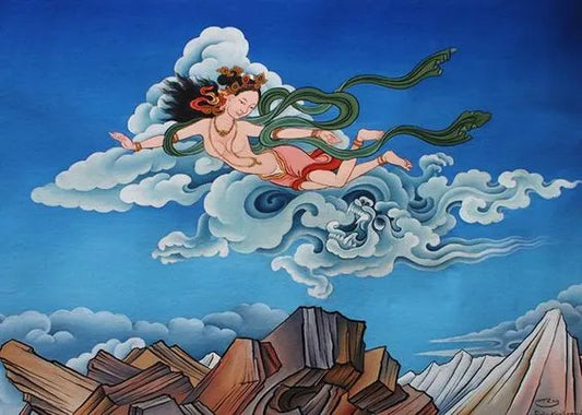Traditional painting of a flying dakini goddess over clouds and rocky mountains under a blue sky
