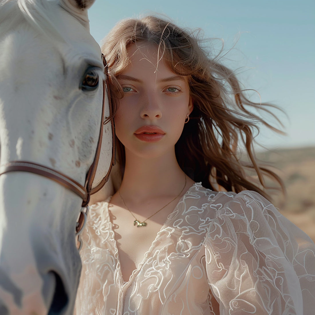Close-up of woman with flowing hair and sheer embroidered blouse posing next to white horse outdoors