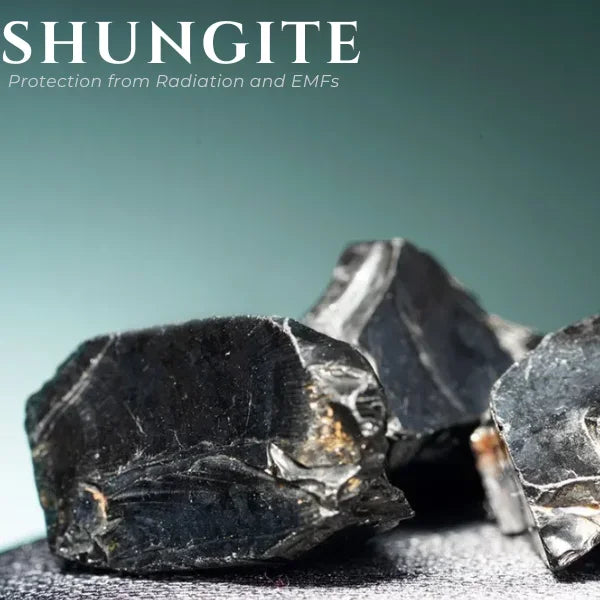 Close-up of raw black shungite stones against a blue gradient background with text about radiation and EMF protection
