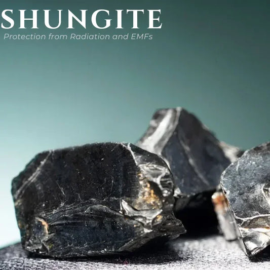 Close-up of raw black shungite stones against a blue gradient background with text about radiation and EMF protection