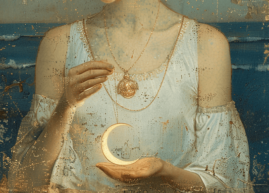Vintage-style painting of person in white dress holding illuminated crescent moon and locket necklace