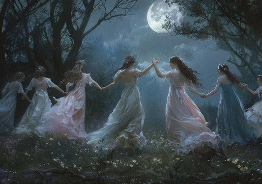 Women in flowing dresses holding hands and dancing in a moonlit forest clearing under a full moon
