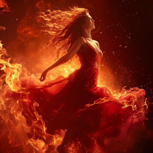 Woman in flowing red dress surrounded by dynamic flames and fiery sparks with hair blowing