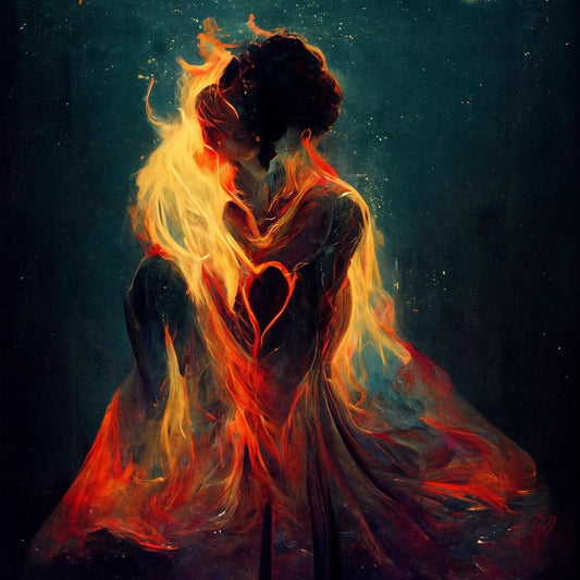 Abstract fiery illustration of two figures embracing, surrounded by glowing flames in dark space