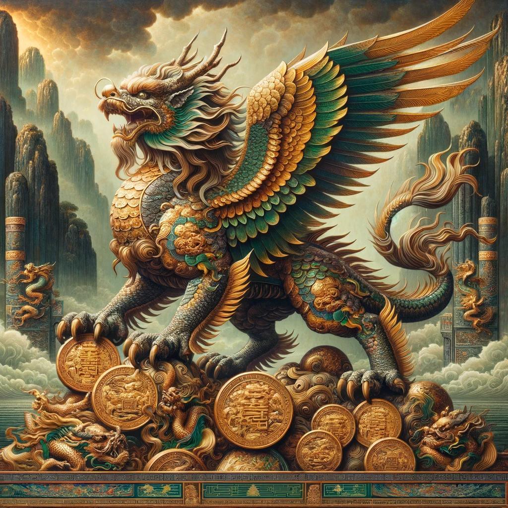 Intricate golden and green Pixiu fortune lion statue with wings standing on ancient Chinese coins in mystical mountainous landscape