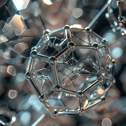 3D rendering of a complex metallic molecule structure with interconnected nodes, symbolizing shungite and EMF protection