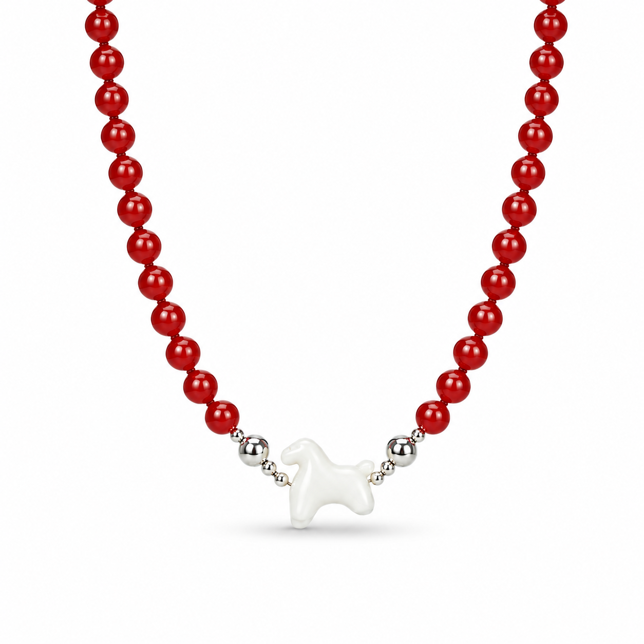 Lucky Horse Carnelian & White Jade Beaded Necklace