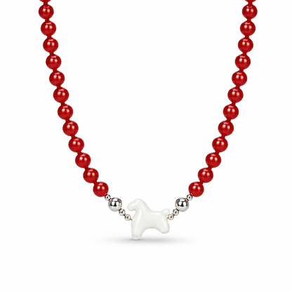 Lucky Horse Carnelian & White Jade Beaded Necklace