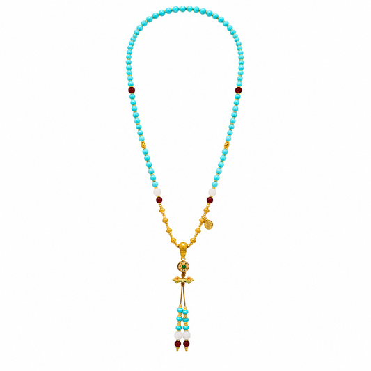 Dakini Blue Turquoise & Red Agate Beaded Tassel Necklace
