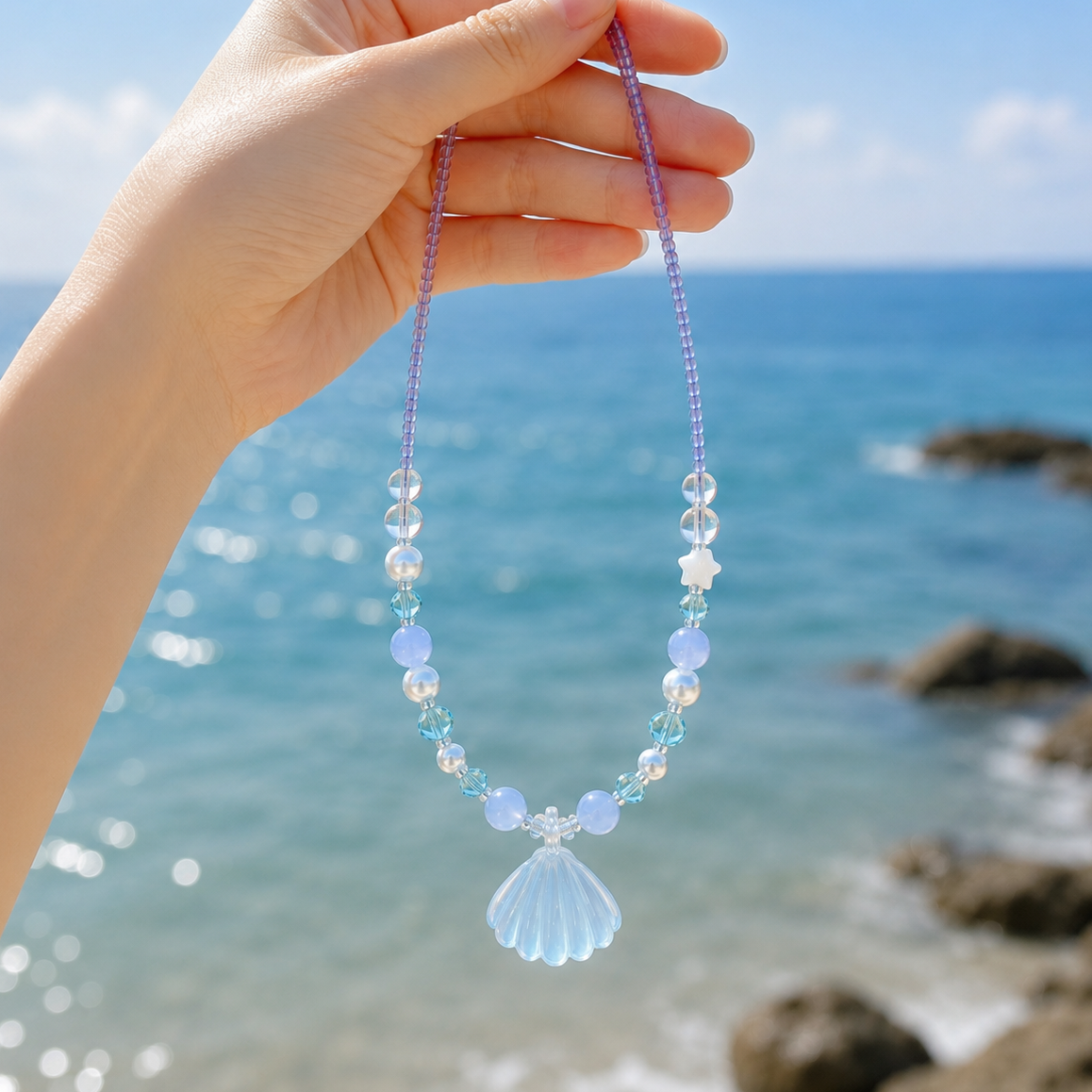 Star & Shell Aquamarine Beaded Necklace