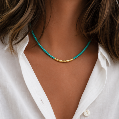 Mayan Turqouise & Golden Nugget Beaded Necklace