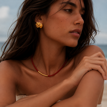 Navajo Red Agate & Golden Nugget Beaded Necklace