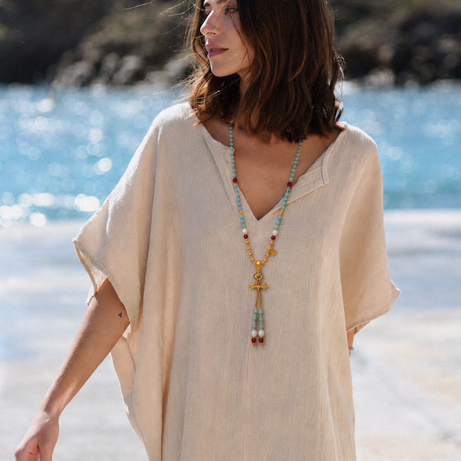 Dakini Blue Turquoise & Red Agate Beaded Tassel Necklace