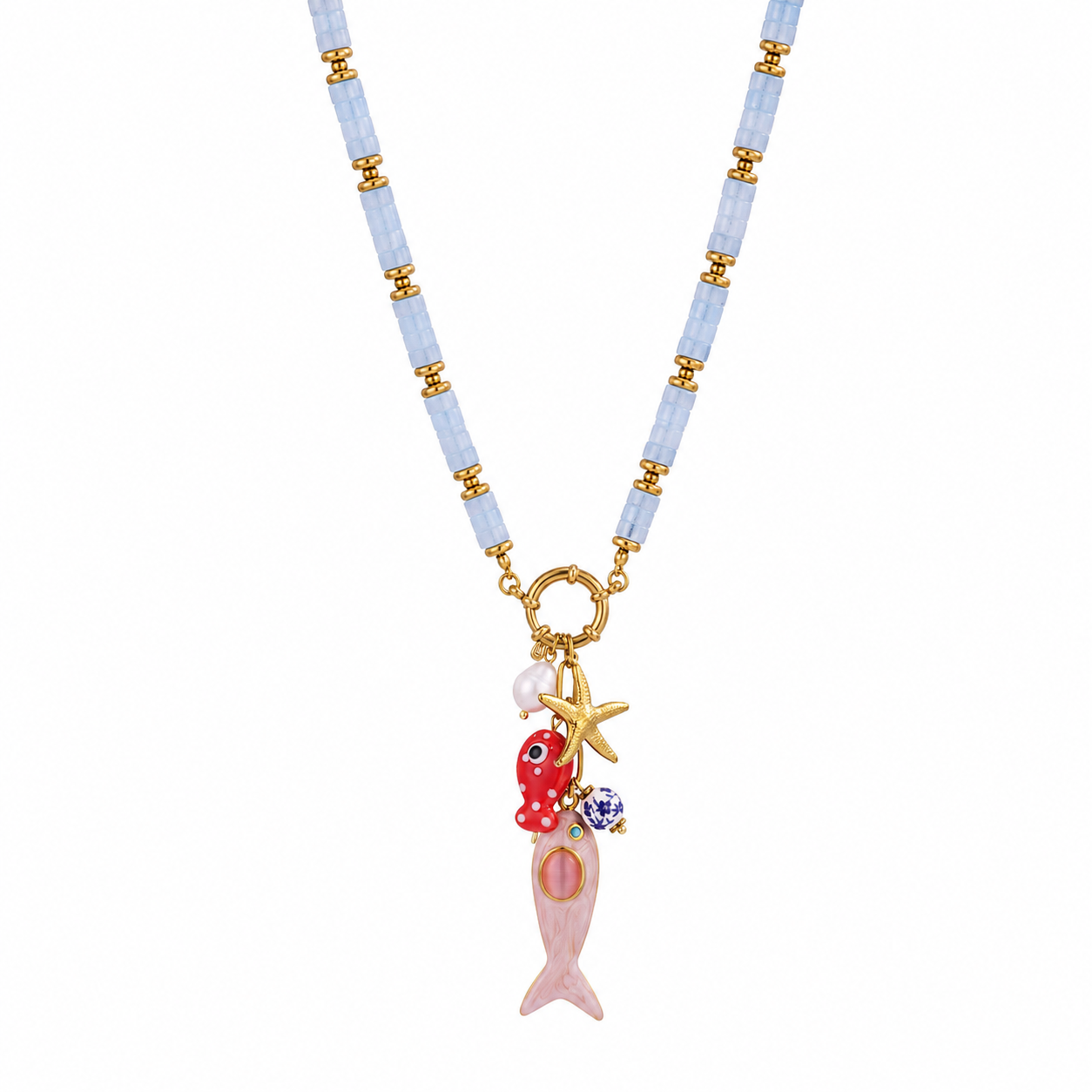 Seaside Treasure Fish & Shell Beaded Necklace