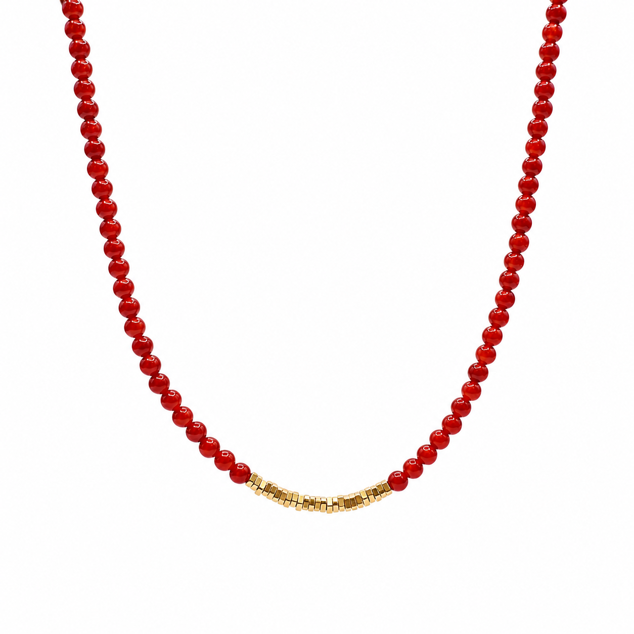 Red beaded necklace with a gold chain on a white background