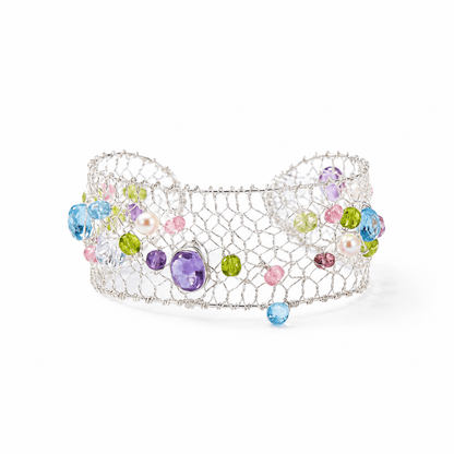 Celestia Multi-Gemstone & Pearl Silver Mesh Bracelet