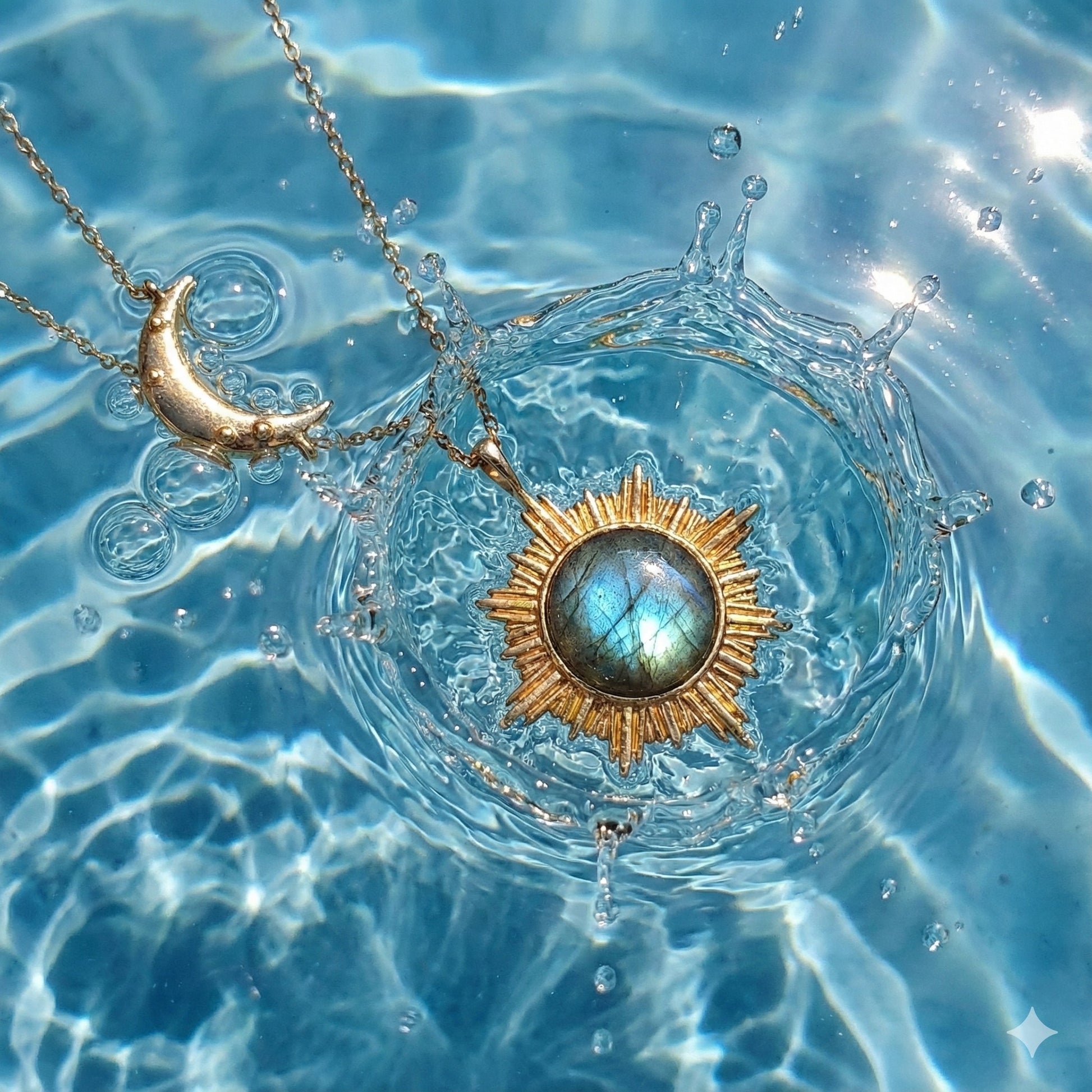 Sunburst labradorite pendant and crescent moon necklace creating splash in clear blue water