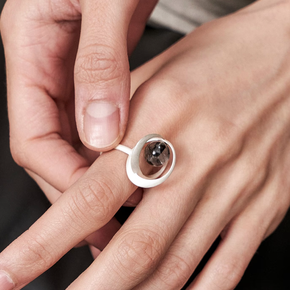 Orbit Black Rutilated Quartz & Sterling Silver Ring