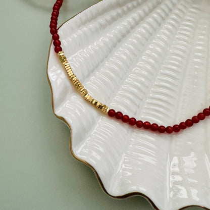 Navajo Red Agate and Golden Nugget Beaded Necklace