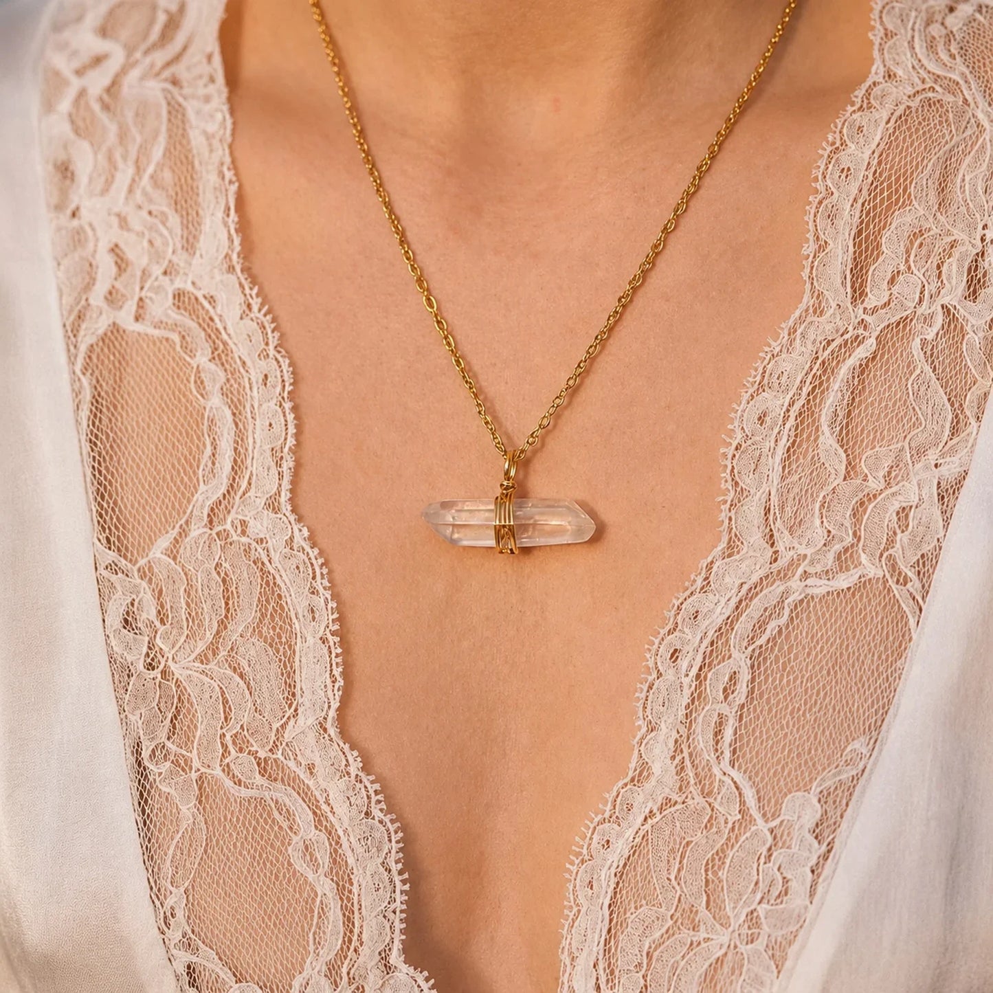 Axis Mundi Clear Crystal Quartz Point Pendant Necklace