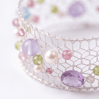 Celestia Multi-Gemstone & Pearl Silver Mesh Bracelet - ORMIRO