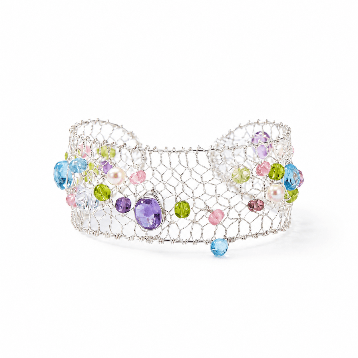 Celestia Multi-Gemstone & Pearl Silver Mesh Bracelet - ORMIRO