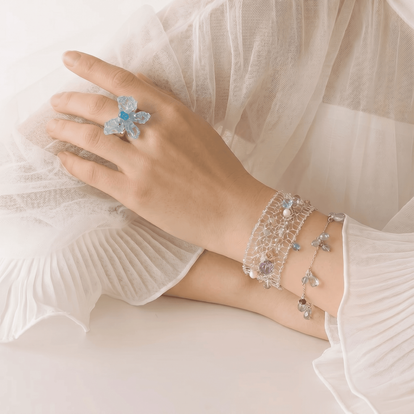Celestia Multi-Gemstone & Pearl Silver Mesh Bracelet - ORMIRO