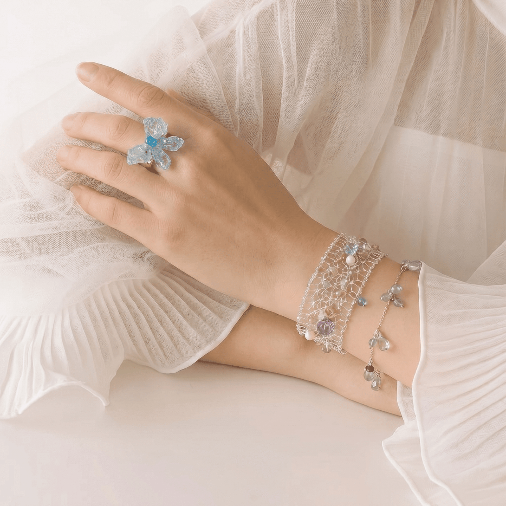 Celestia Multi-Gemstone & Pearl Silver Mesh Bracelet - ORMIRO