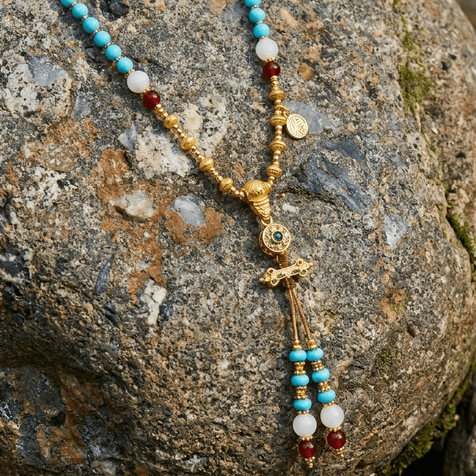 Dakini Blue Turquoise & Red Agate Beaded Tassel Necklace - ORMIRO
