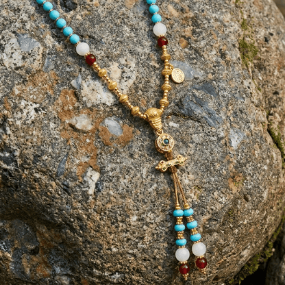 Dakini Blue Turquoise & Red Agate Beaded Tassel Necklace - ORMIRO